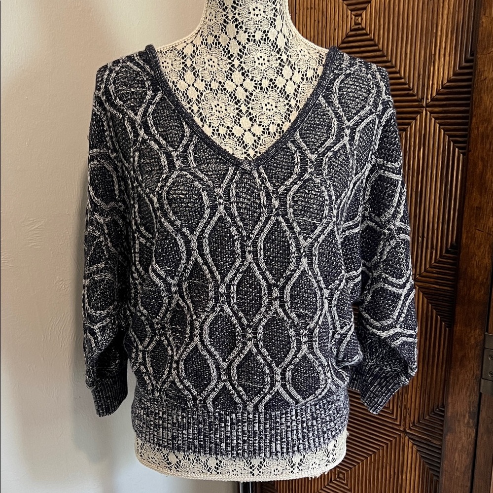 Vintage Bebe Blue and White Cable Knit Batwing 3/4 Sleeve Sweater